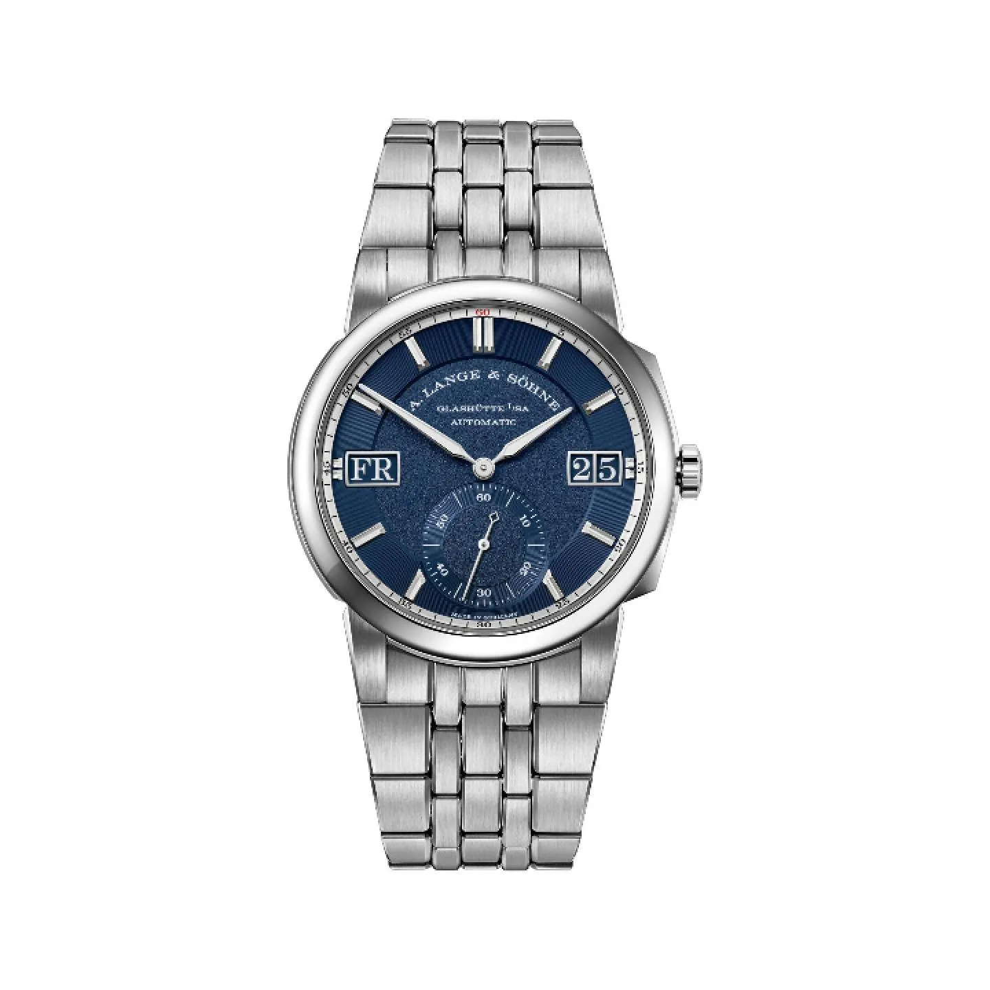 Reloj automático A. Lange & Söhne Odysseus en acero inoxidable con esfera azul oscuro, indicador de día y fecha.