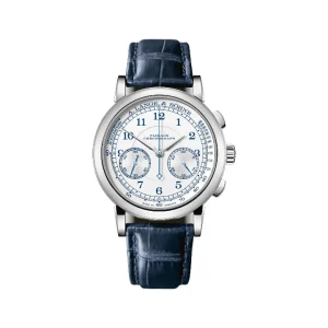 Reloj cronógrafo A. Lange & Söhne 1815 Flyback con esfera blanca, números árabes y correa de piel de cocodrilo azul marino.