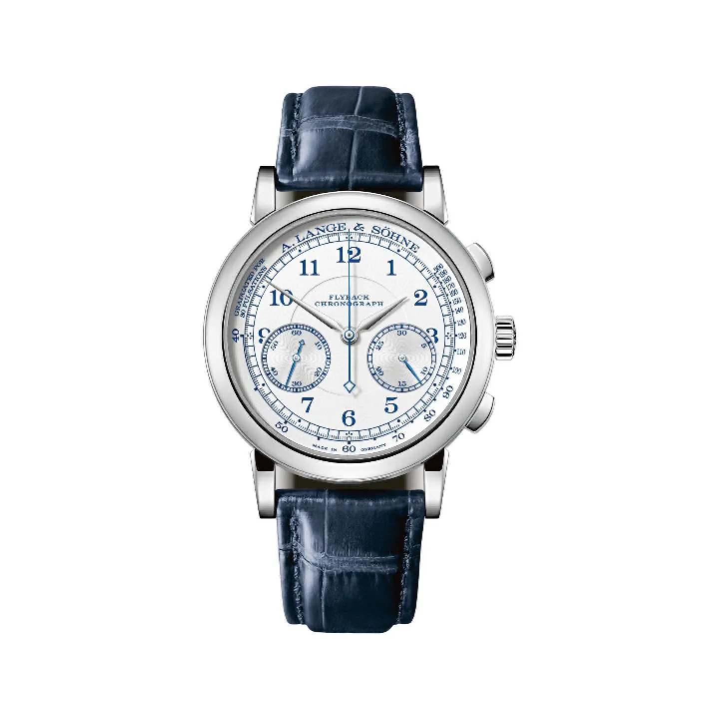 Reloj cronógrafo A. Lange & Söhne 1815 Flyback con esfera blanca, números árabes y correa de piel de cocodrilo azul marino.