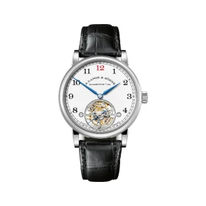 Reloj de alta relojería A. Lange & Söhne 1815 Tourbillon con esfera blanca, número 12 en rojo, agujas azules y complicación visible a las 6.