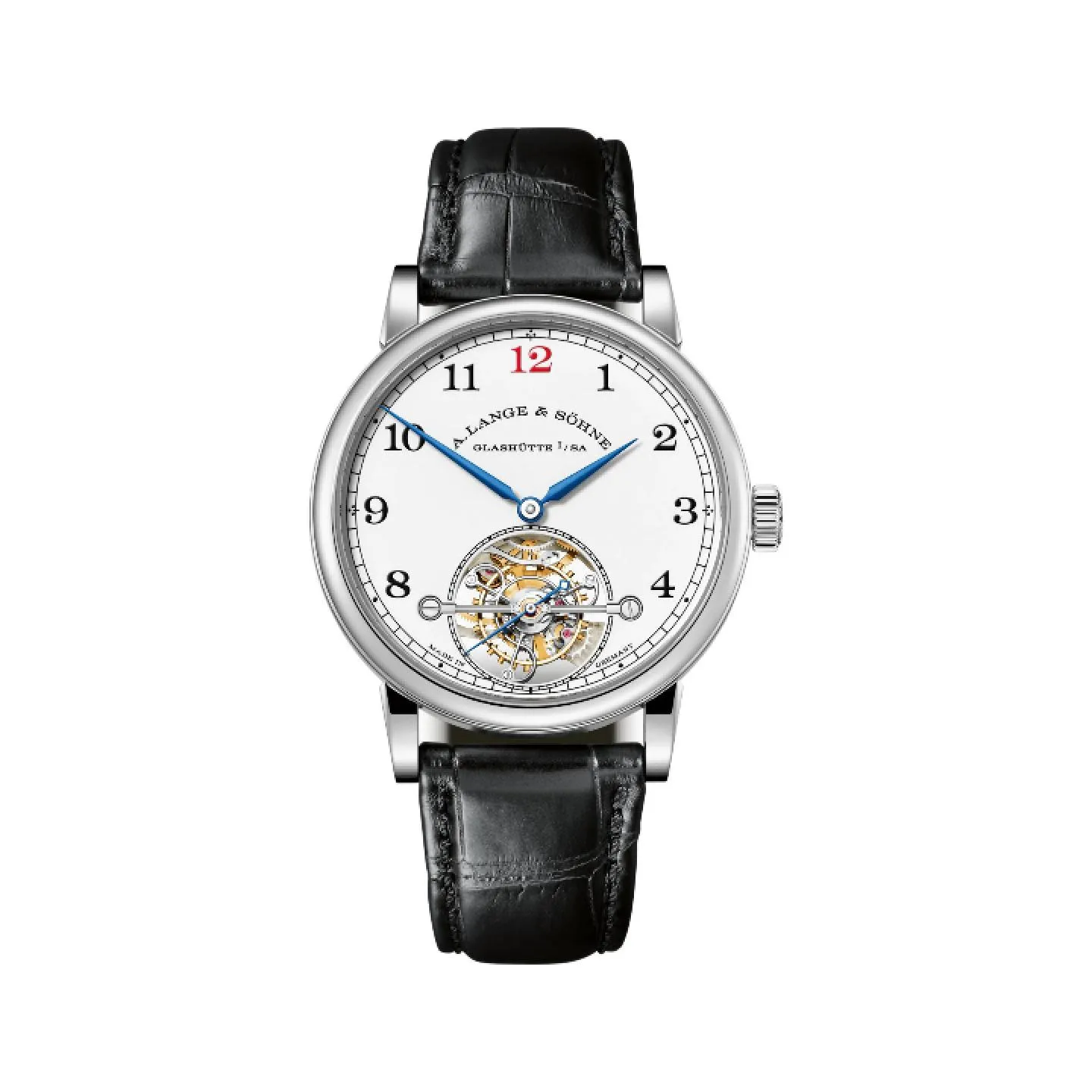 Reloj de alta relojería A. Lange & Söhne 1815 Tourbillon con esfera blanca, número 12 en rojo, agujas azules y complicación visible a las 6.