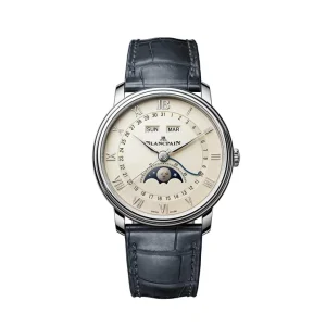 Reloj Blancpain Villeret Quantième Complet en oro blanco con esfera opalina, fase lunar y correa de piel de cocodrilo azul.