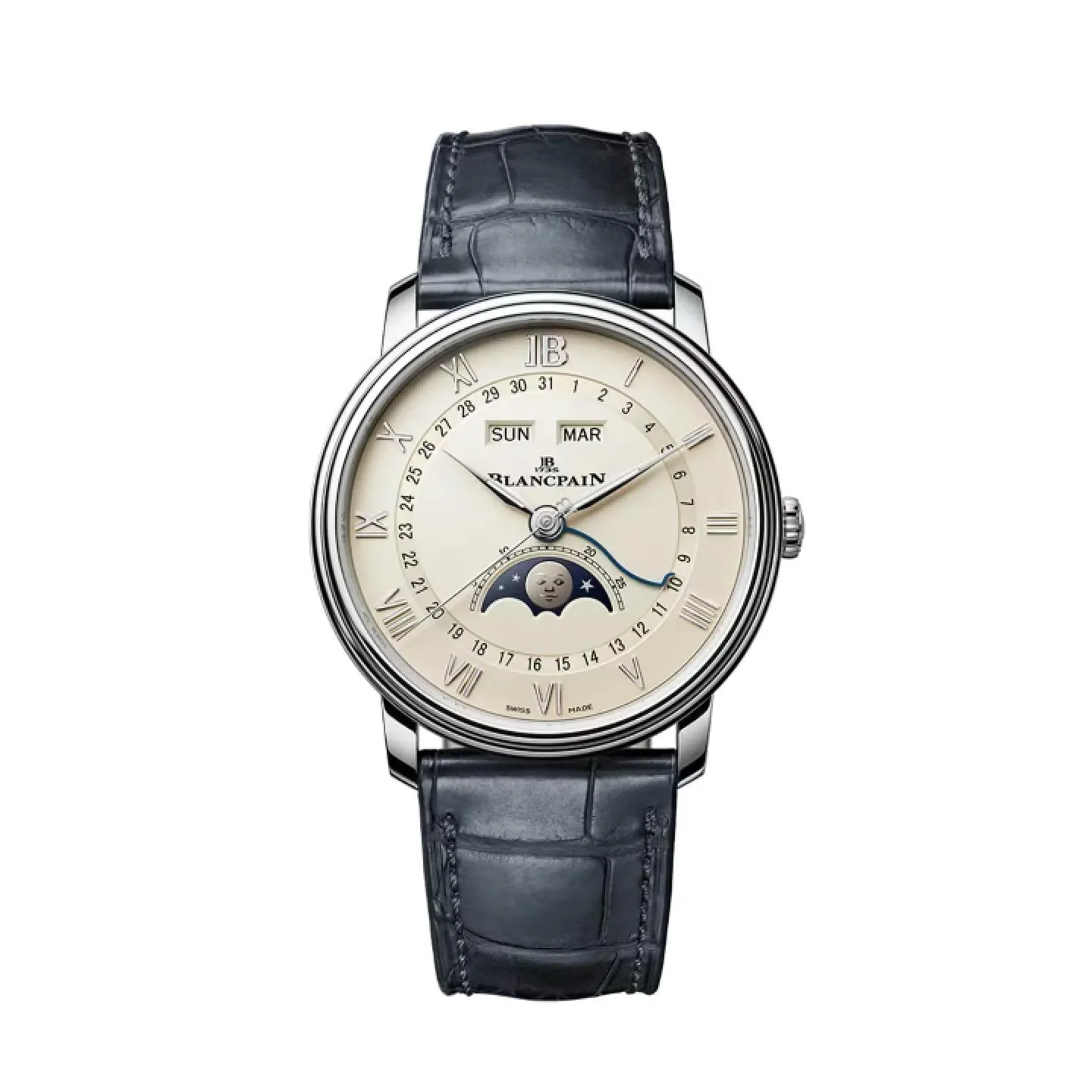 Reloj Blancpain Villeret Quantième Complet en oro blanco con esfera opalina, fase lunar y correa de piel de cocodrilo azul.