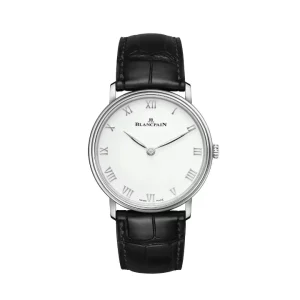 Reloj ultraplano Blancpain Villeret Ultraplate con esfera blanca, números romanos aplicados, caja de acero y correa de piel negra.
