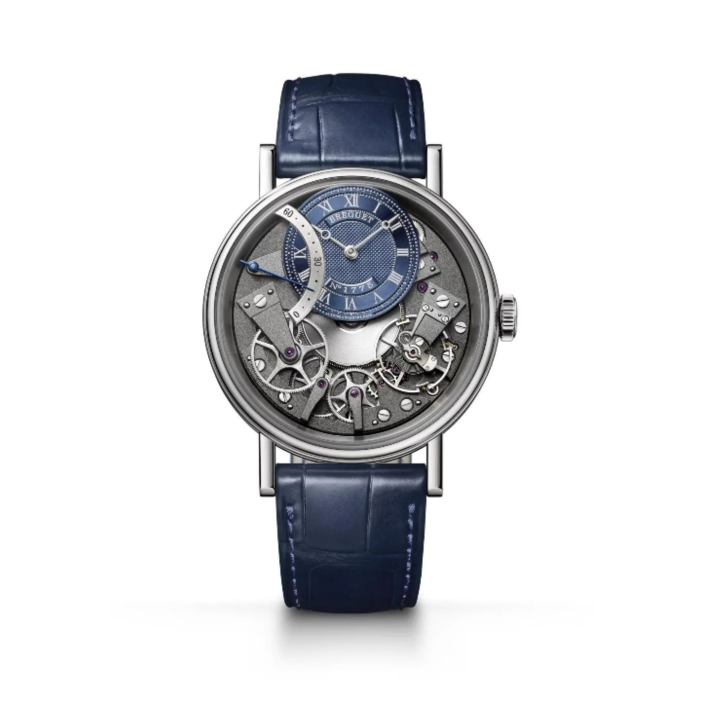 Reloj Breguet Tradition 7097 automático con esfera de oro azul guilloché descentrada y mecanismo visto texturizado en gris.