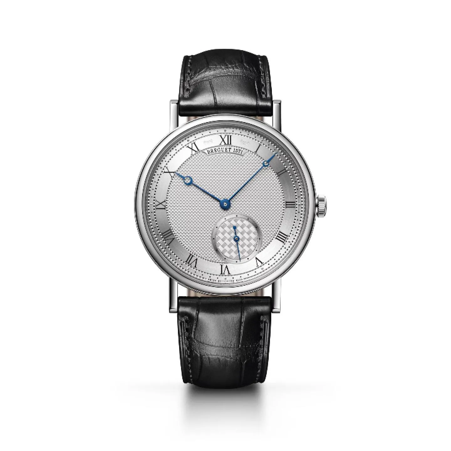 Reloj clásico Breguet Classique 7147 con esfera de oro plateado con decoración guilloché hecha a mano y agujas de acero azulado.