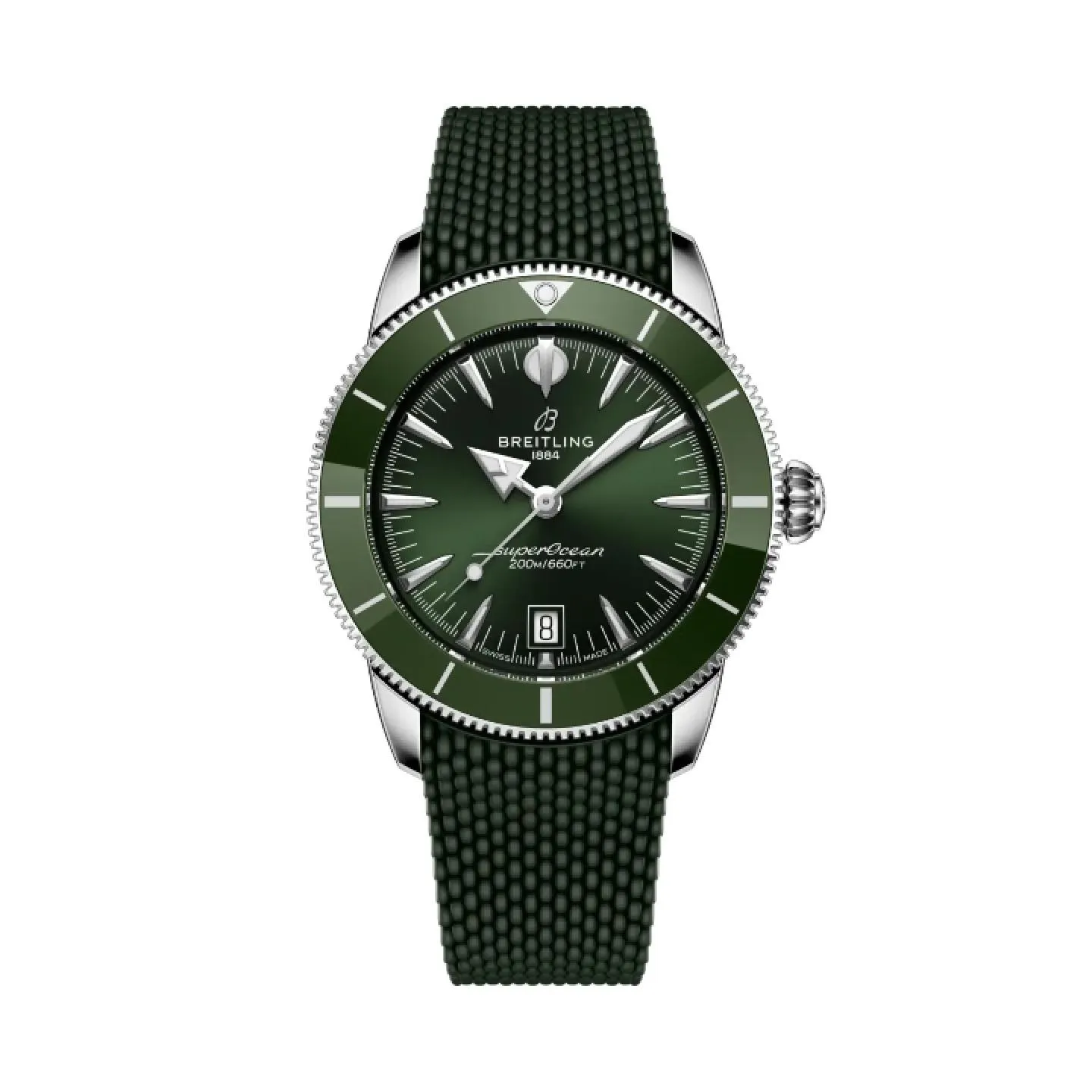Reloj de buceo Breitling Superocean Heritage B20 Automatic con esfera y bisel cerámico verde, y correa de caucho estilo malla.