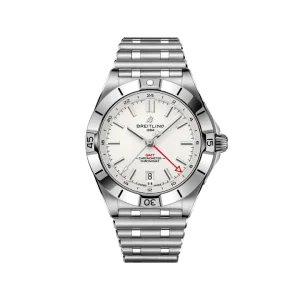 Reloj deportivo Breitling Chronomat Automatic GMT 40 con esfera blanca, aguja GMT roja y brazalete de acero estilo Rouleaux.