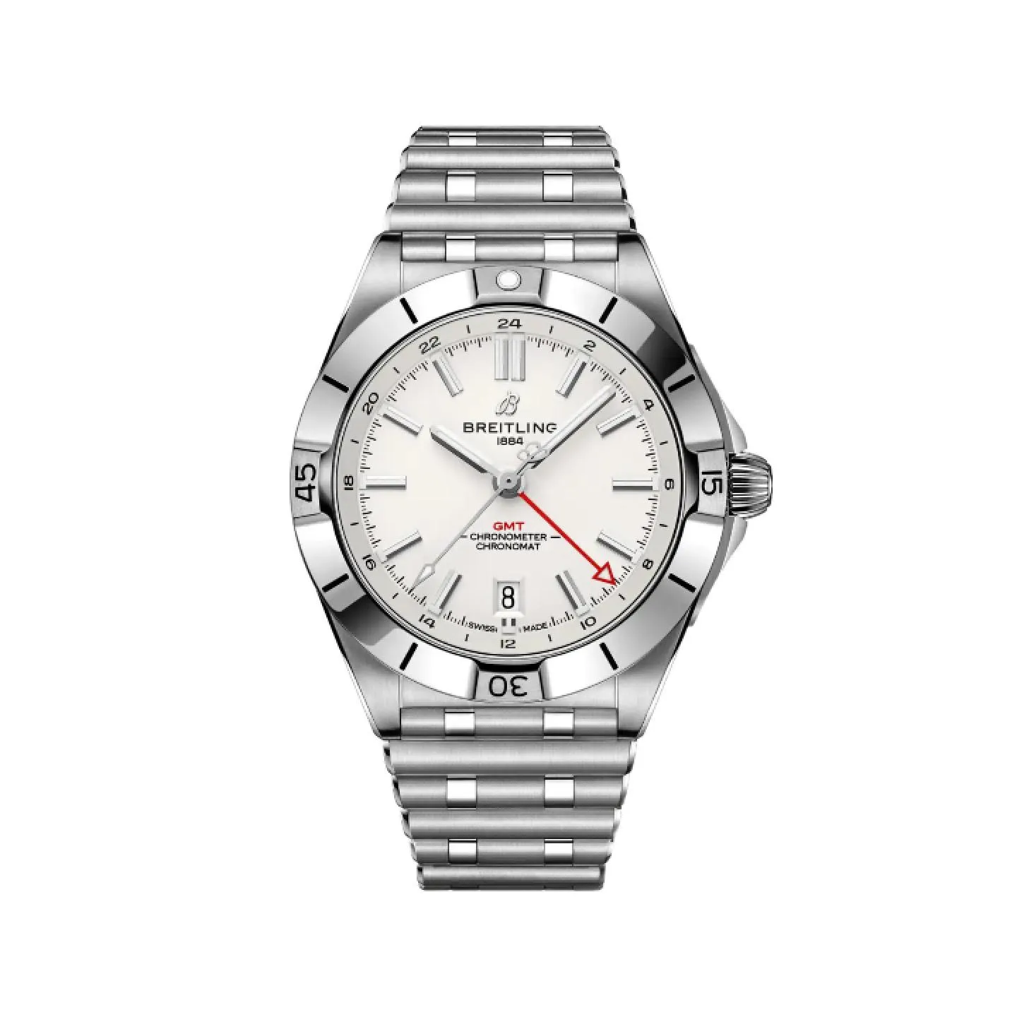 Reloj deportivo Breitling Chronomat Automatic GMT 40 con esfera blanca, aguja GMT roja y brazalete de acero estilo Rouleaux.