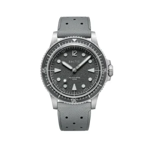 Reloj de buceo Baltic Aquascaphe 300M con esfera gris texturizada, bisel giratorio y correa de caucho gris perforada estilo tropic.