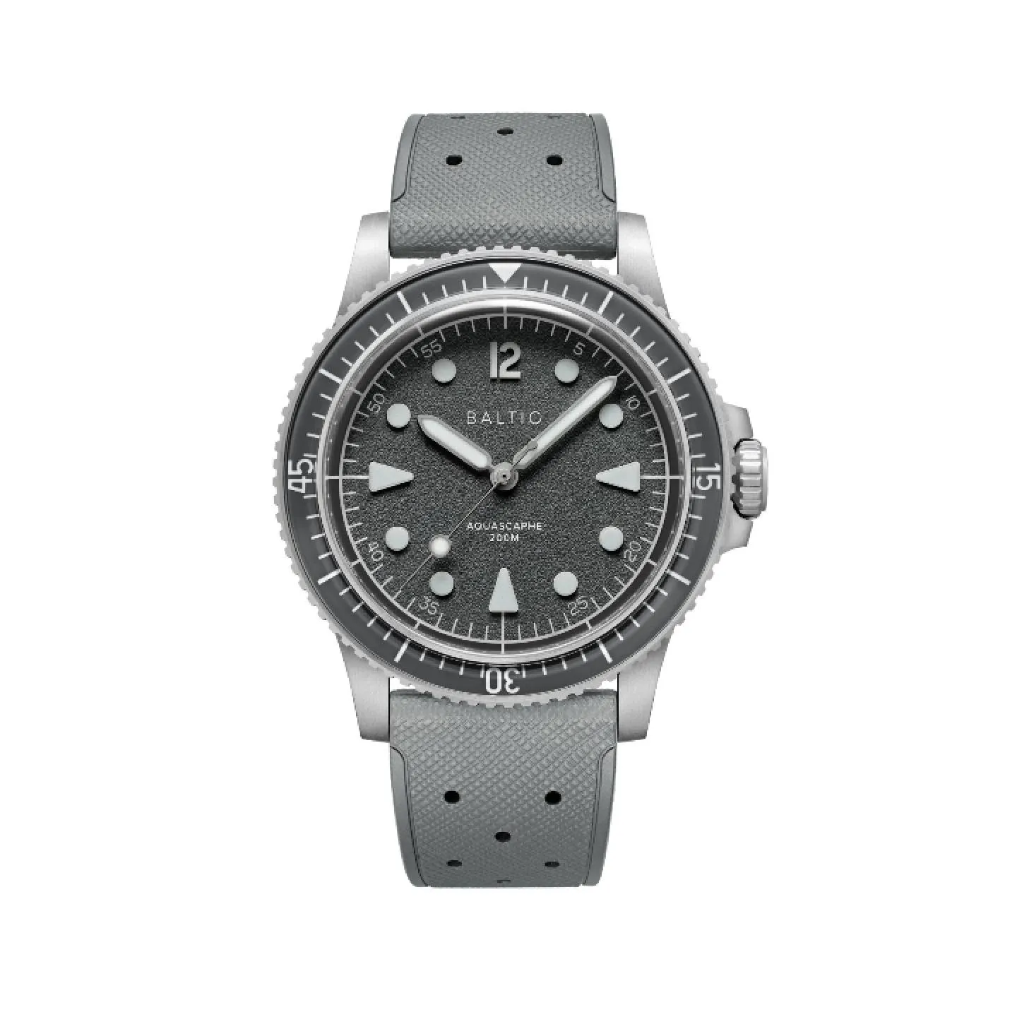 Reloj de buceo Baltic Aquascaphe 300M con esfera gris texturizada, bisel giratorio y correa de caucho gris perforada estilo tropic.