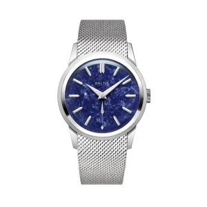 Reloj de lujo Baltic con esfera azul de piedra sodalita, caja de acero inoxidable y correa de malla milanesa.