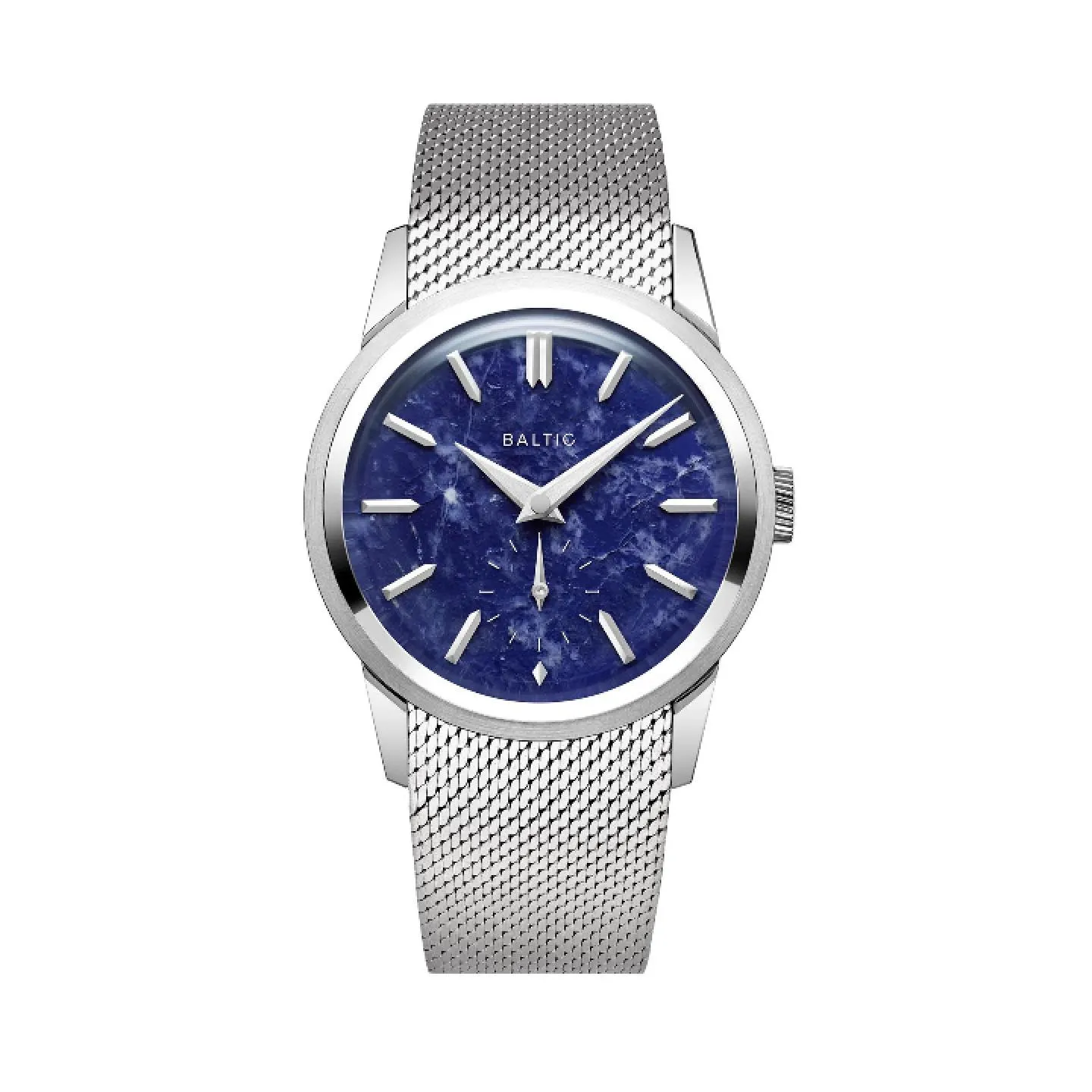 Reloj de lujo Baltic con esfera azul de piedra sodalita, caja de acero inoxidable y correa de malla milanesa.