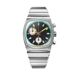 Reloj cronógrafo Brew Metric con caja de acero de forma cojín, esfera negra, acentos multicolores en turquesa y naranja, y brazalete integrado.