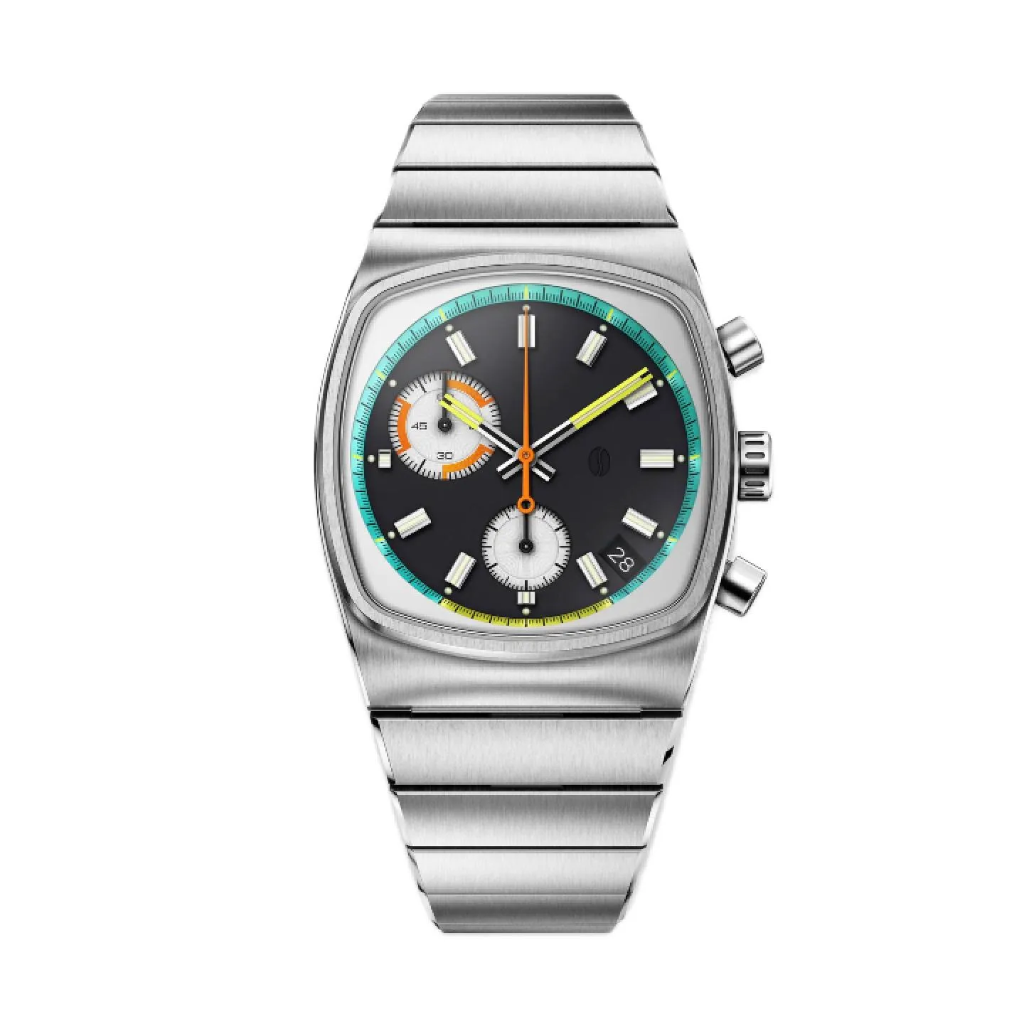 Reloj cronógrafo Brew Metric con caja de acero de forma cojín, esfera negra, acentos multicolores en turquesa y naranja, y brazalete integrado.
