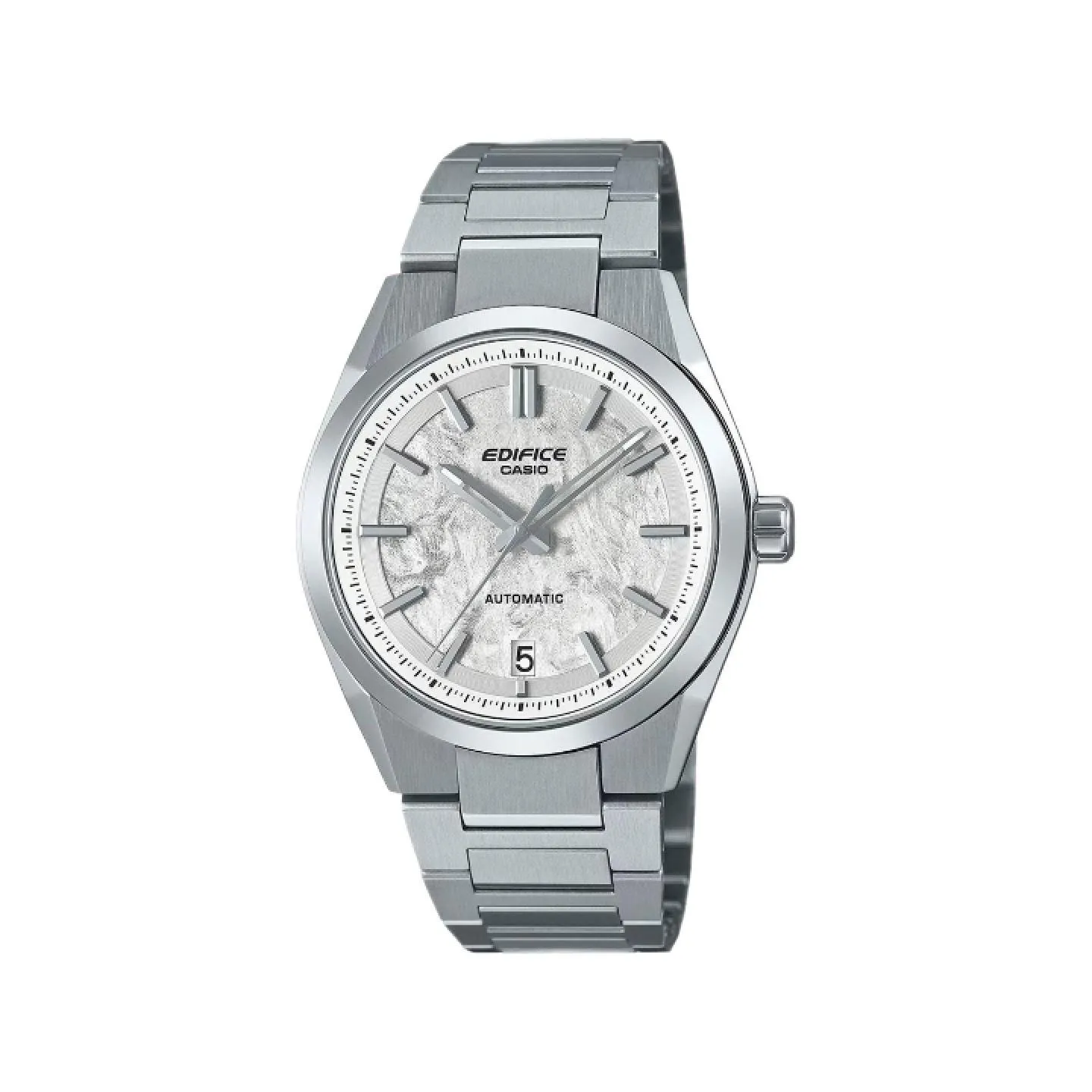 Reloj Casio Edifice automático en acero inoxidable con esfera texturizada de patrón mármol blanco o meteorito e indicador de fecha a las 6.
