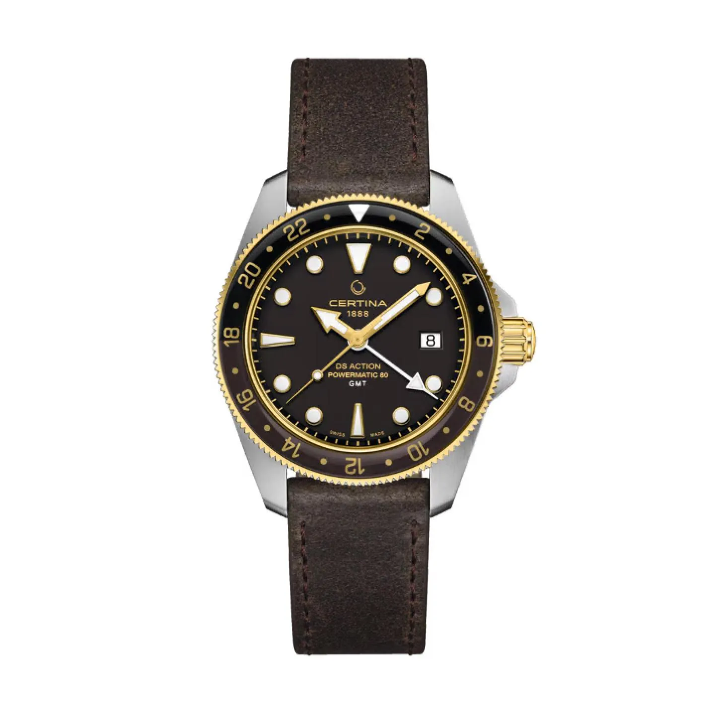 Reloj de buceo Certina DS Action Powermatic 80 GMT con bisel bicolor negro y dorado, esfera negra y correa de piel marrón texturizada.