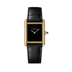 Reloj de lujo Cartier Tank Must con caja de oro amarillo, esfera minimalista lacada en negro sin índices y correa de piel de cocodrilo negra.