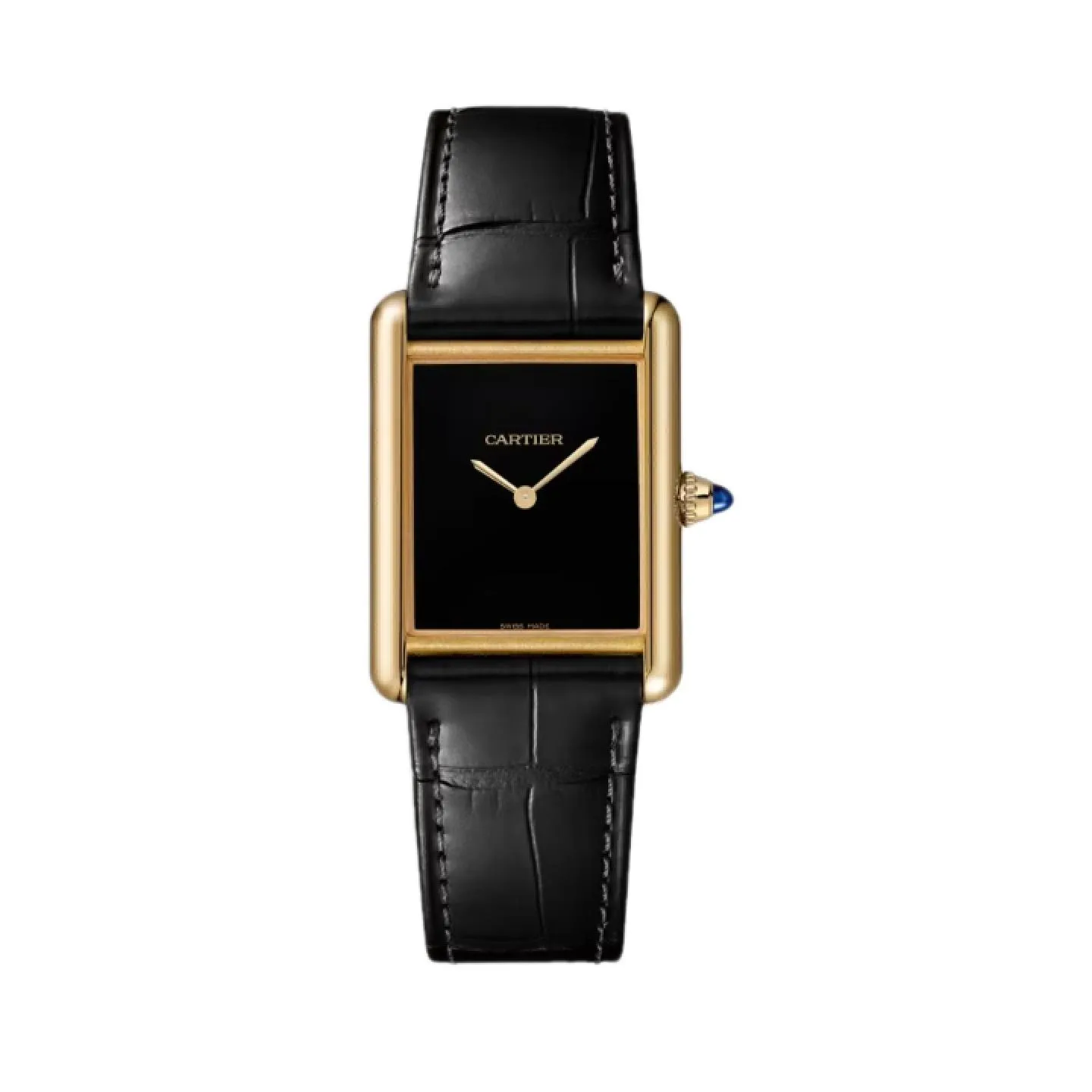 Reloj de lujo Cartier Tank Must con caja de oro amarillo, esfera minimalista lacada en negro sin índices y correa de piel de cocodrilo negra.