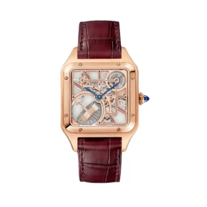 Reloj Cartier Santos Skeleton en oro rosa con movimiento mecánico esqueletizado visible, agujas de acero azulado y correa de piel burdeos.