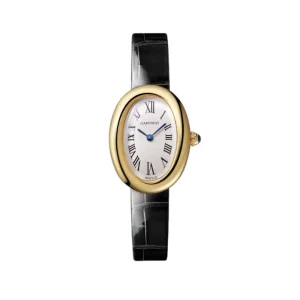 Reloj de mujer Cartier Baignoire en oro amarillo con forma ovalada, esfera blanca con números romanos y correa de piel negra brillante.