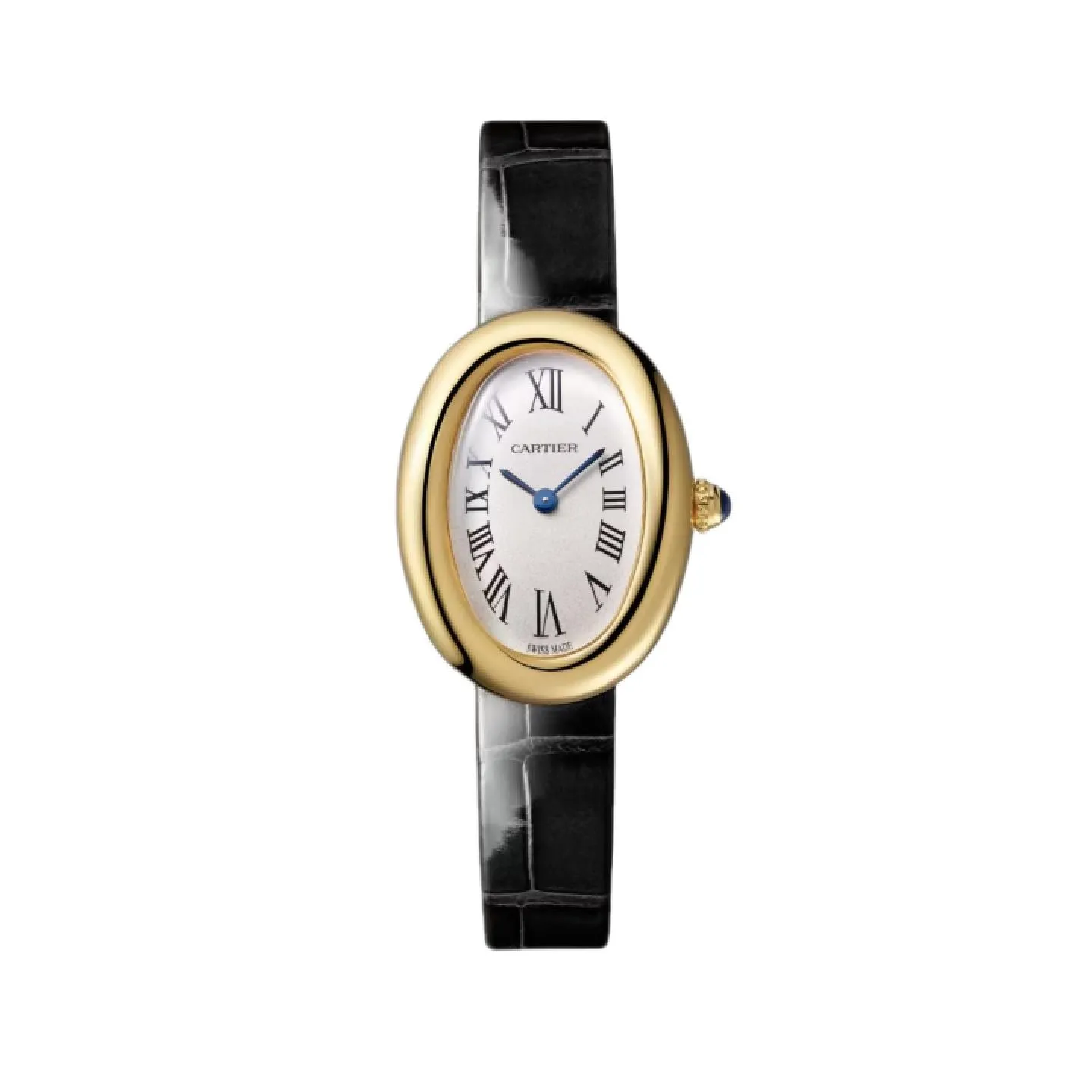 Reloj de mujer Cartier Baignoire en oro amarillo con forma ovalada, esfera blanca con números romanos y correa de piel negra brillante.