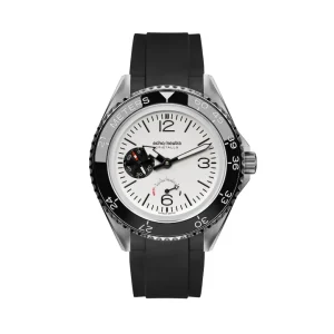 Reloj técnico de buceo echo/neutra Cristallo con esfera blanca, bisel de cerámica negra con escala de descompresión en metros y correa de caucho negra.
