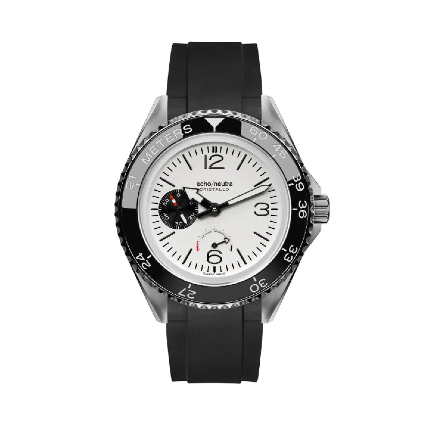 Reloj técnico de buceo echo/neutra Cristallo con esfera blanca, bisel de cerámica negra con escala de descompresión en metros y correa de caucho negra.