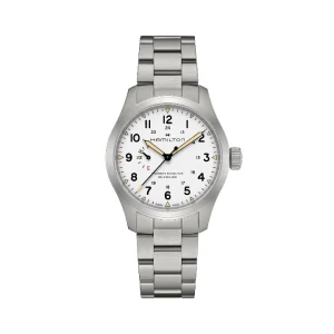 Reloj militar Hamilton Khaki Field Mechanical Power Reserve con esfera blanca, números arábigos de 24 horas, indicador de reserva de marcha a las 9 y brazalete de acero.
