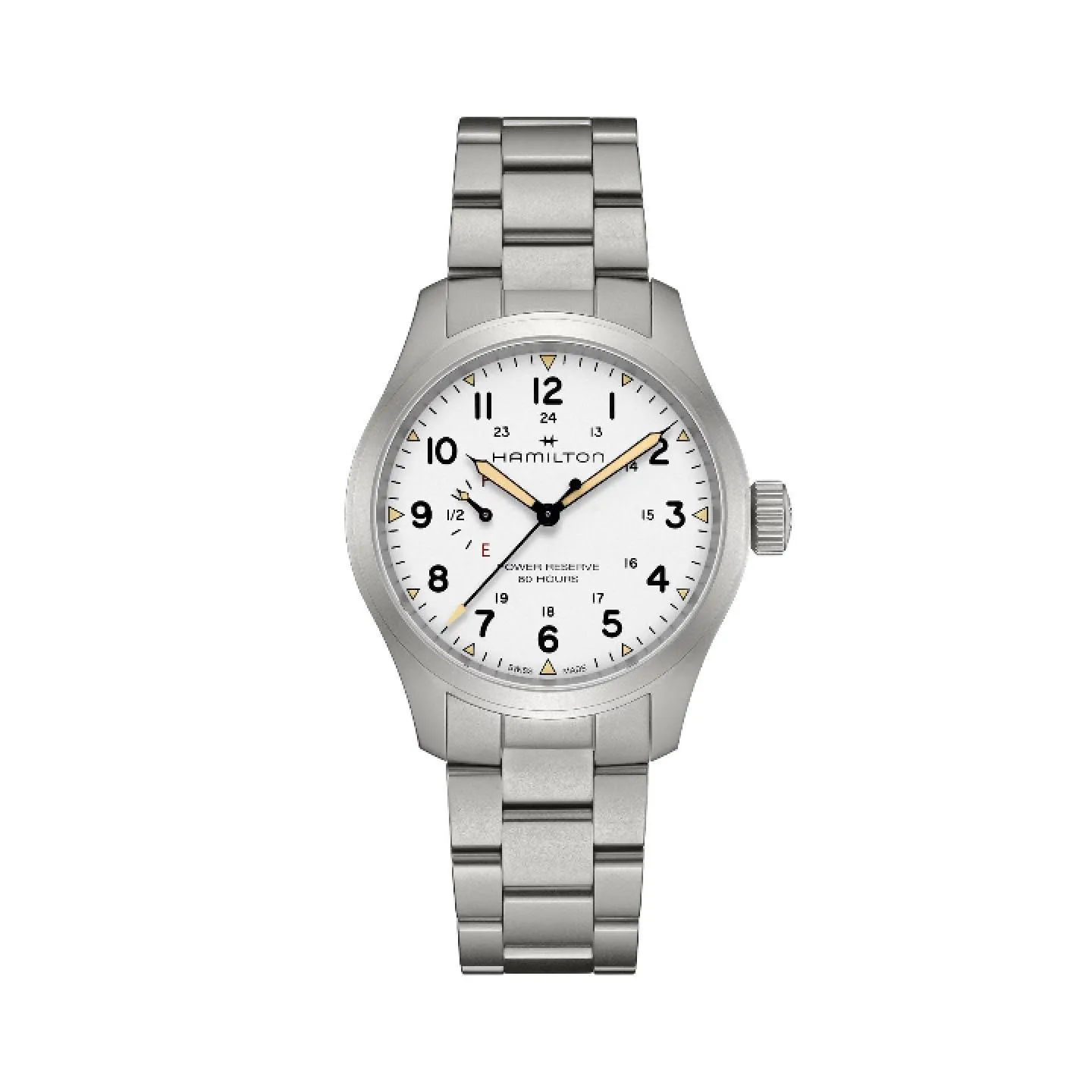 Reloj militar Hamilton Khaki Field Mechanical Power Reserve con esfera blanca, números arábigos de 24 horas, indicador de reserva de marcha a las 9 y brazalete de acero.