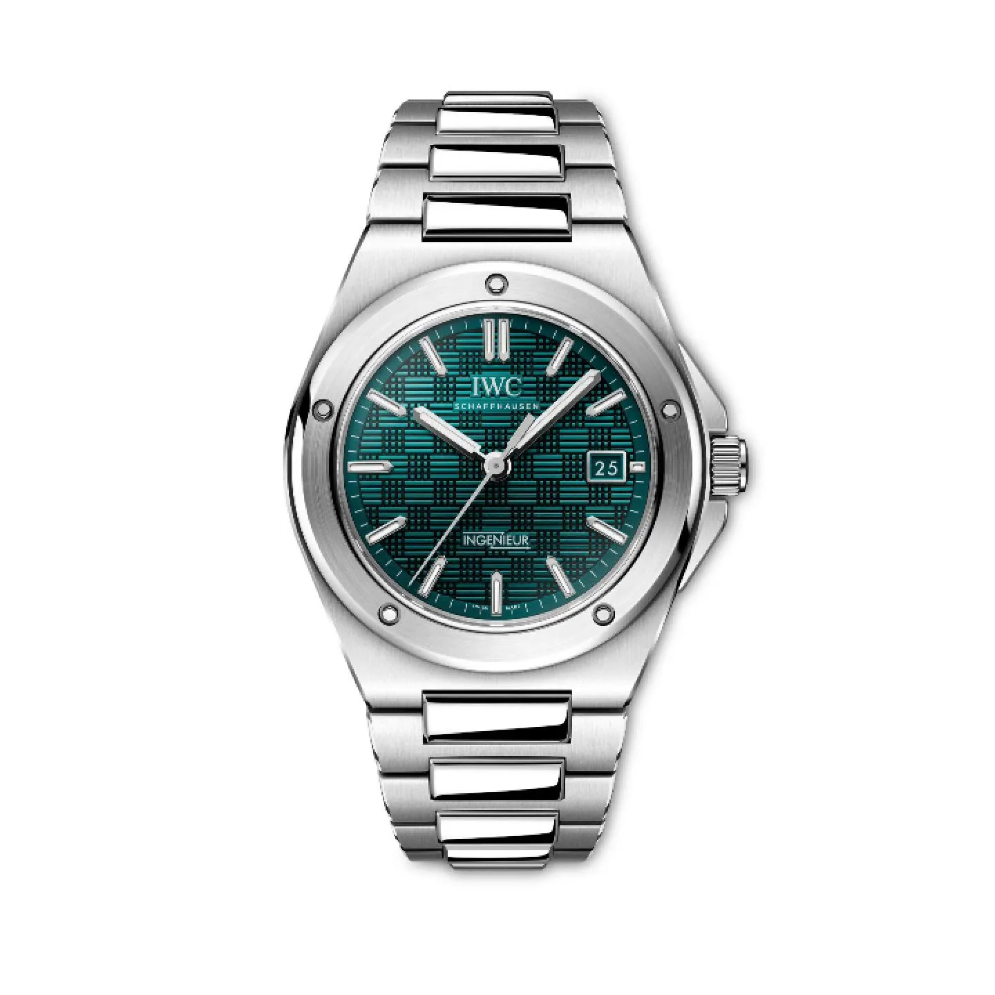Reloj de lujo IWC Ingenieur Automatic 40 con esfera verde texturizada en patrón de cuadrícula, caja de acero y brazalete integrado.
