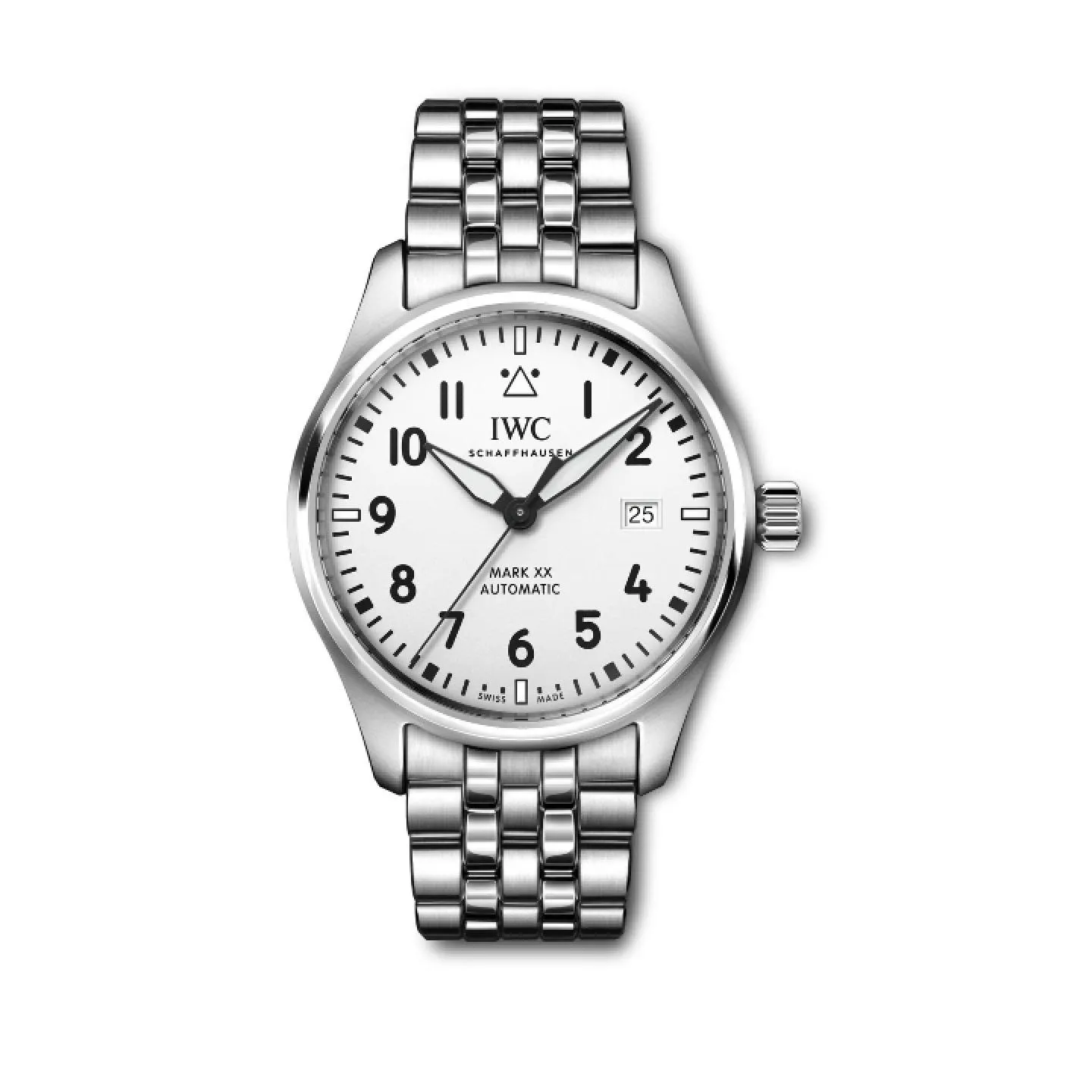 Reloj de piloto IWC Pilot's Watch Mark XX con esfera blanca minimalista, números arábigos negros, ventana de fecha a las 3 y brazalete de acero de cinco eslabones.