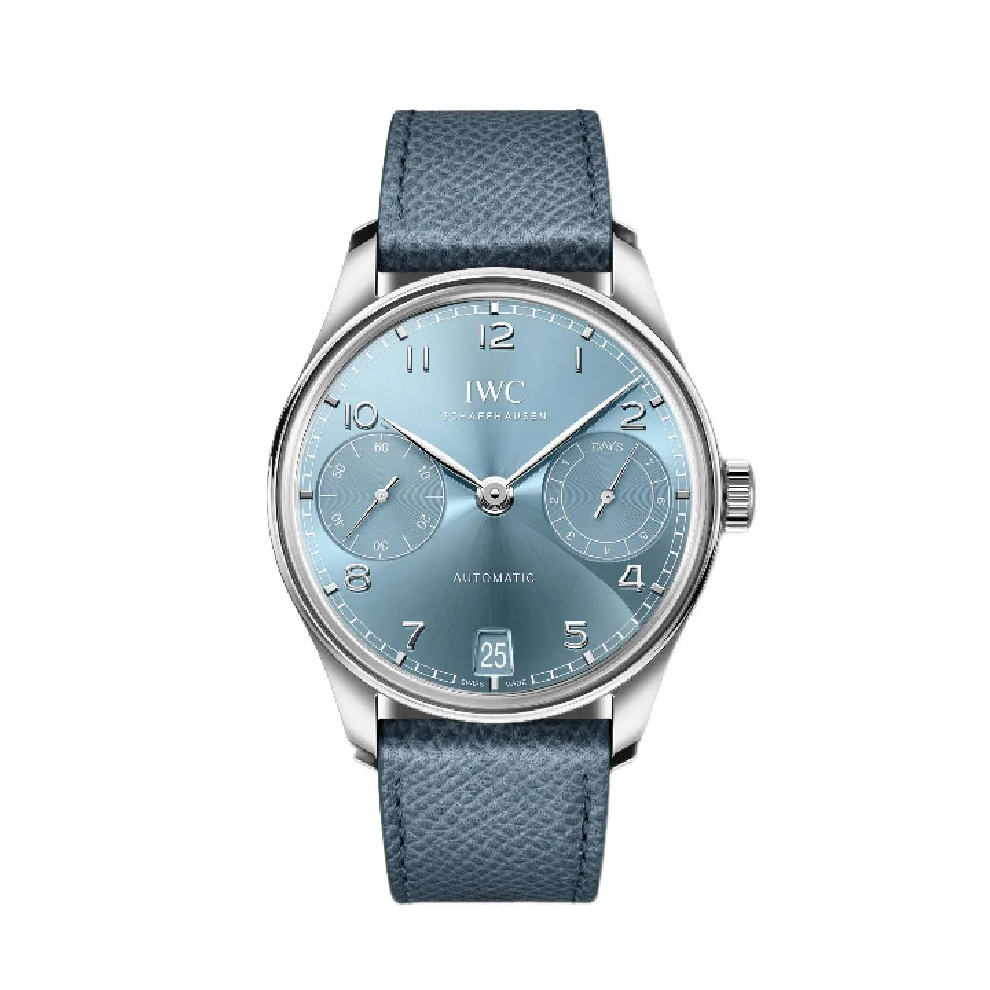 Reloj automático IWC Portugieser de 7 días con esfera azul claro sol, subesferas de segundero y reserva de marcha, ventana de fecha a las 6 y correa de piel azul texturizada.