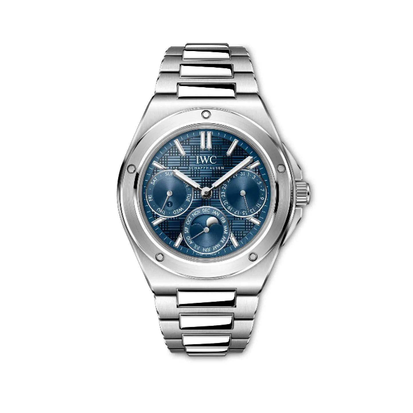 Reloj de lujo IWC Ingenieur Calendario Perpetuo con esfera azul texturizada, subesferas con complicaciones astronómicas y brazalete integrado de acero.