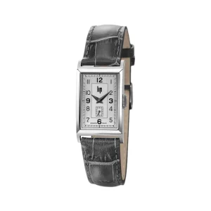 Reloj rectangular vintage LIP T18 con caja de acero, esfera plateada de dos tonos, segundero pequeño a las 6 y correa de piel gris con textura de cocodrilo.
