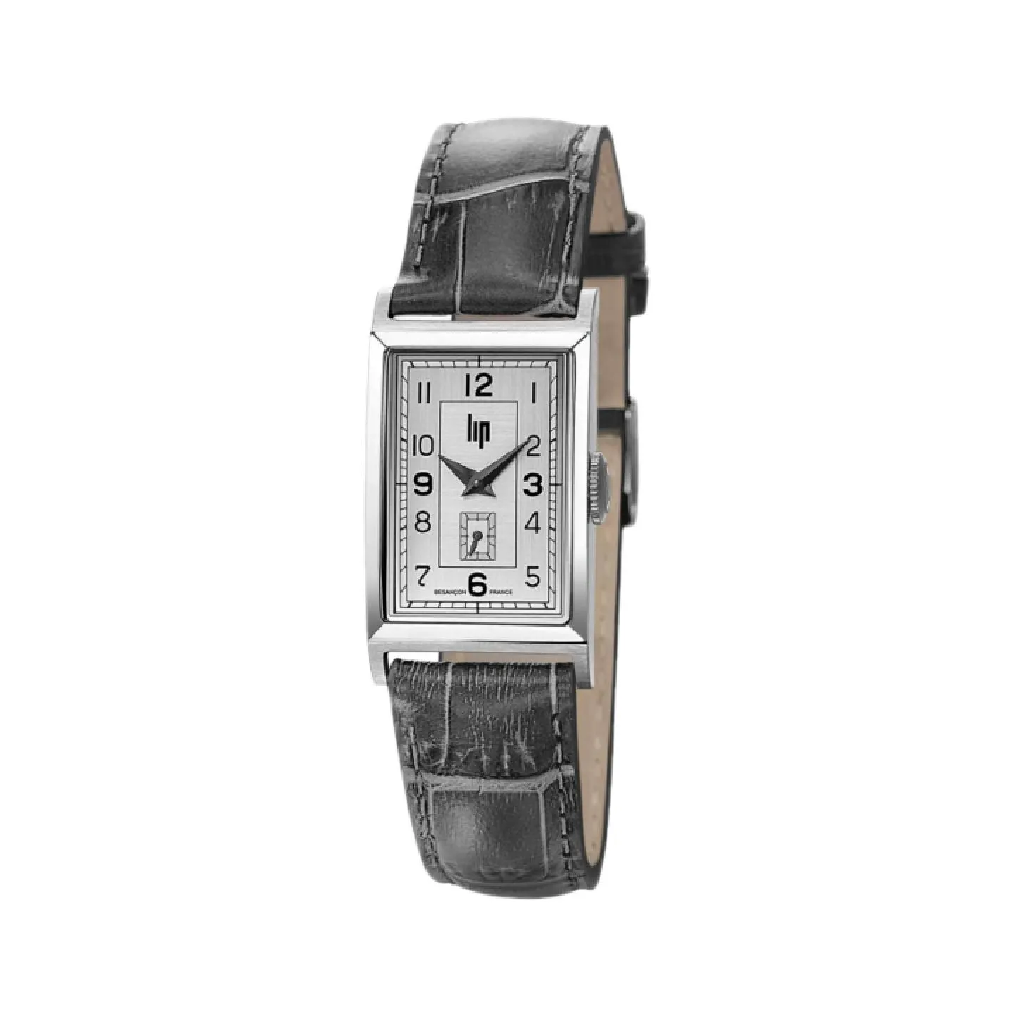 Reloj rectangular vintage LIP T18 con caja de acero, esfera plateada de dos tonos, segundero pequeño a las 6 y correa de piel gris con textura de cocodrilo.