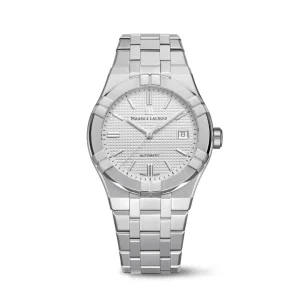 MAUR-1.webp: Reloj Maurice Lacroix Aikon Automatic con esfera plateada texturizada en motivo Clous de Paris, ventana de fecha a las 3 y brazalete integrado de acero inoxidable.