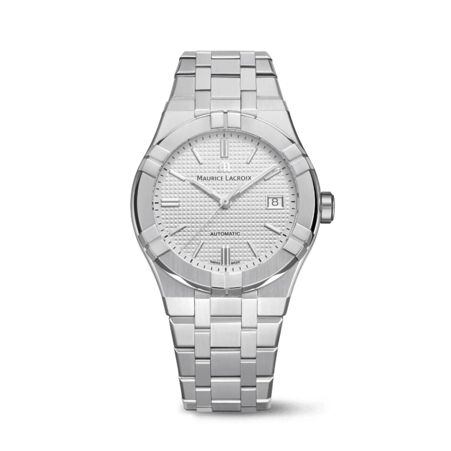 MAUR-1.webp: Reloj Maurice Lacroix Aikon Automatic con esfera plateada texturizada en motivo Clous de Paris, ventana de fecha a las 3 y brazalete integrado de acero inoxidable.