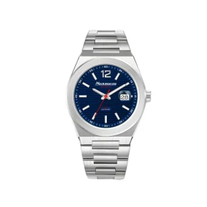 Reloj deportivo Neckmarine Sky Line con esfera azul marino con líneas horizontales, ventana de fecha con lupa a las 3 y brazalete de acero.