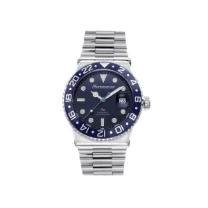 Reloj de buceo Neckmarine Professional con bisel giratorio GMT bicolor en azul y negro, esfera azul oscuro, ventana de fecha y brazalete de acero estilo de cinco eslabones.