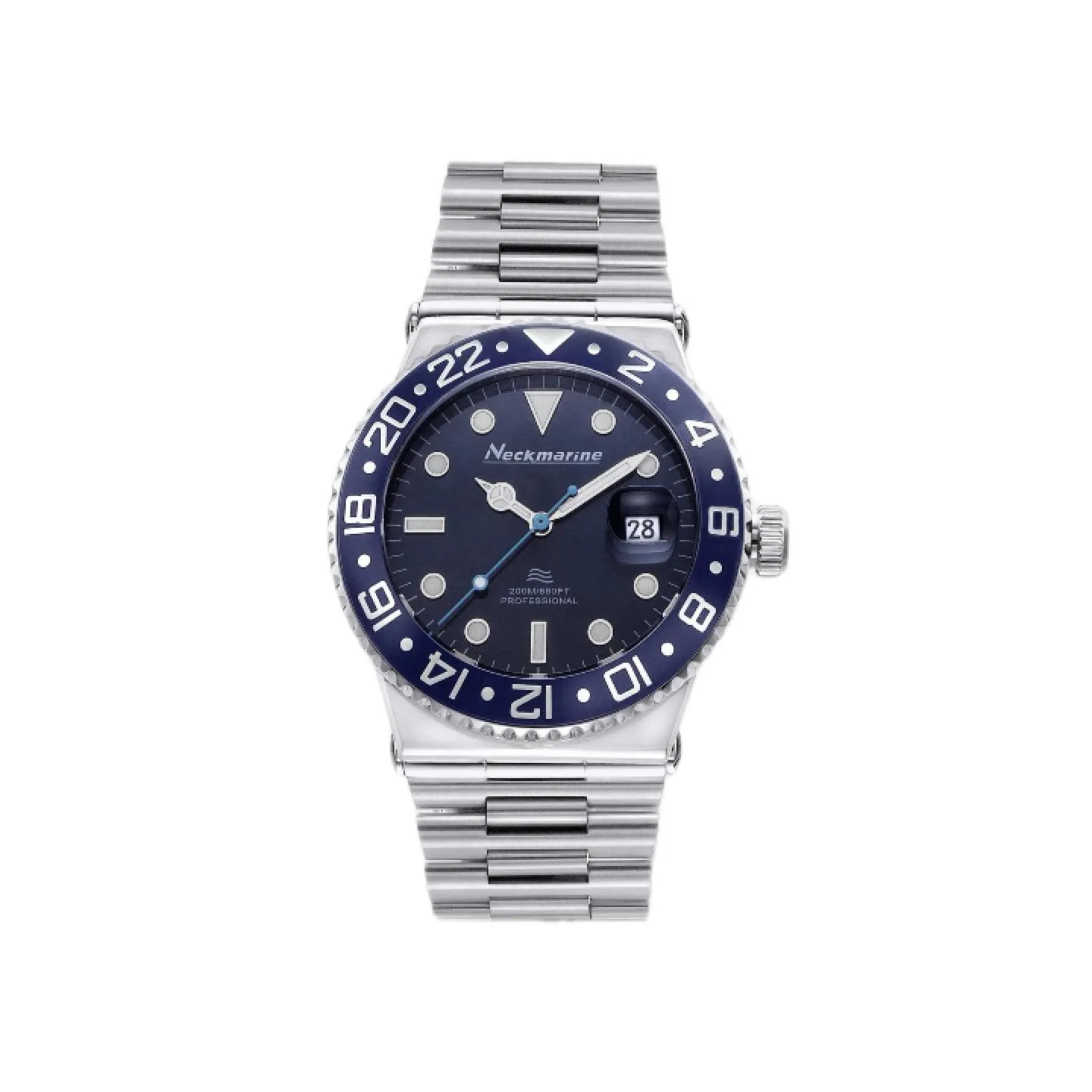 Reloj de buceo Neckmarine Professional con bisel giratorio GMT bicolor en azul y negro, esfera azul oscuro, ventana de fecha y brazalete de acero estilo de cinco eslabones.