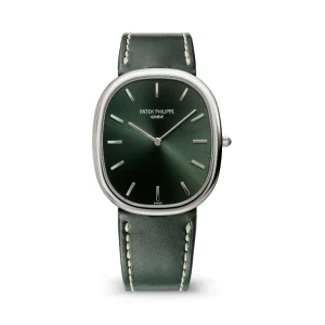 Reloj de vestir Patek Philippe Golden Ellipse en platino con esfera verde esmeralda con acabado satinado sol y correa de piel a juego.