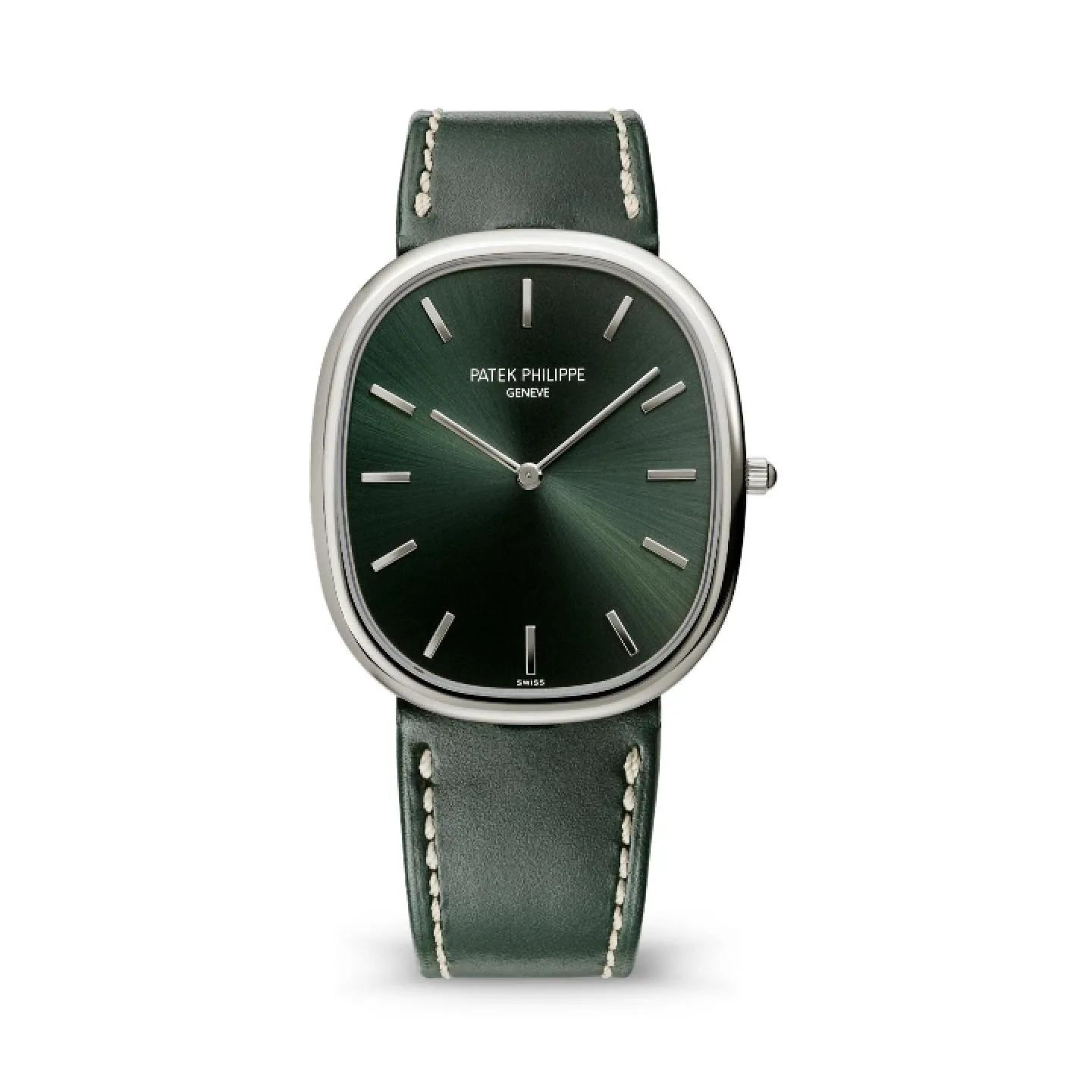 Reloj de vestir Patek Philippe Golden Ellipse en platino con esfera verde esmeralda con acabado satinado sol y correa de piel a juego.