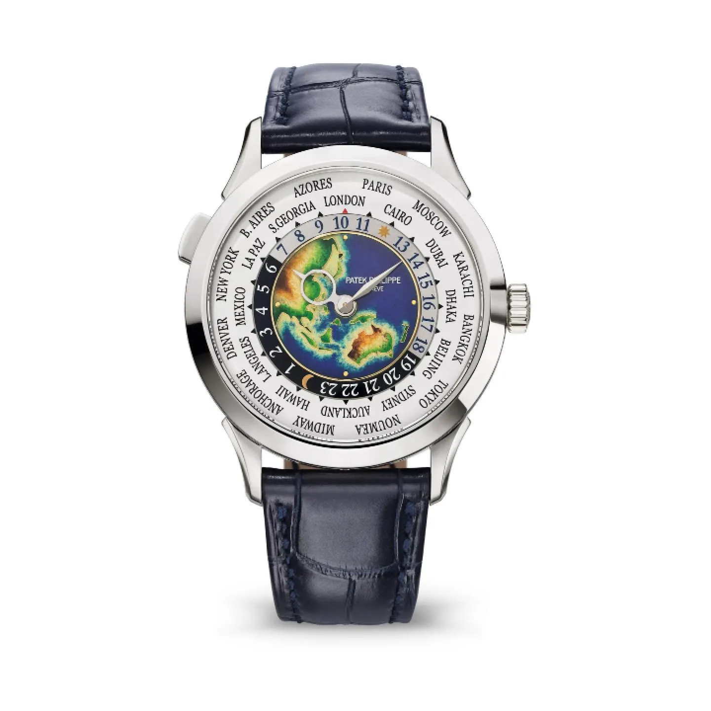 Reloj de alta gama Patek Philippe World Time con esfera central en esmalte cloisonné que representa un mapa de Oceanía y Asia, y correa de piel azul marino.