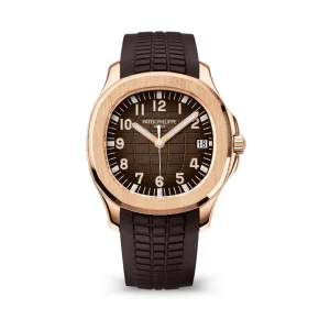 Reloj deportivo Patek Philippe Aquanaut en oro rosa con esfera marrón texturizada, ventana de fecha a las 3 y correa de material compuesto marrón.