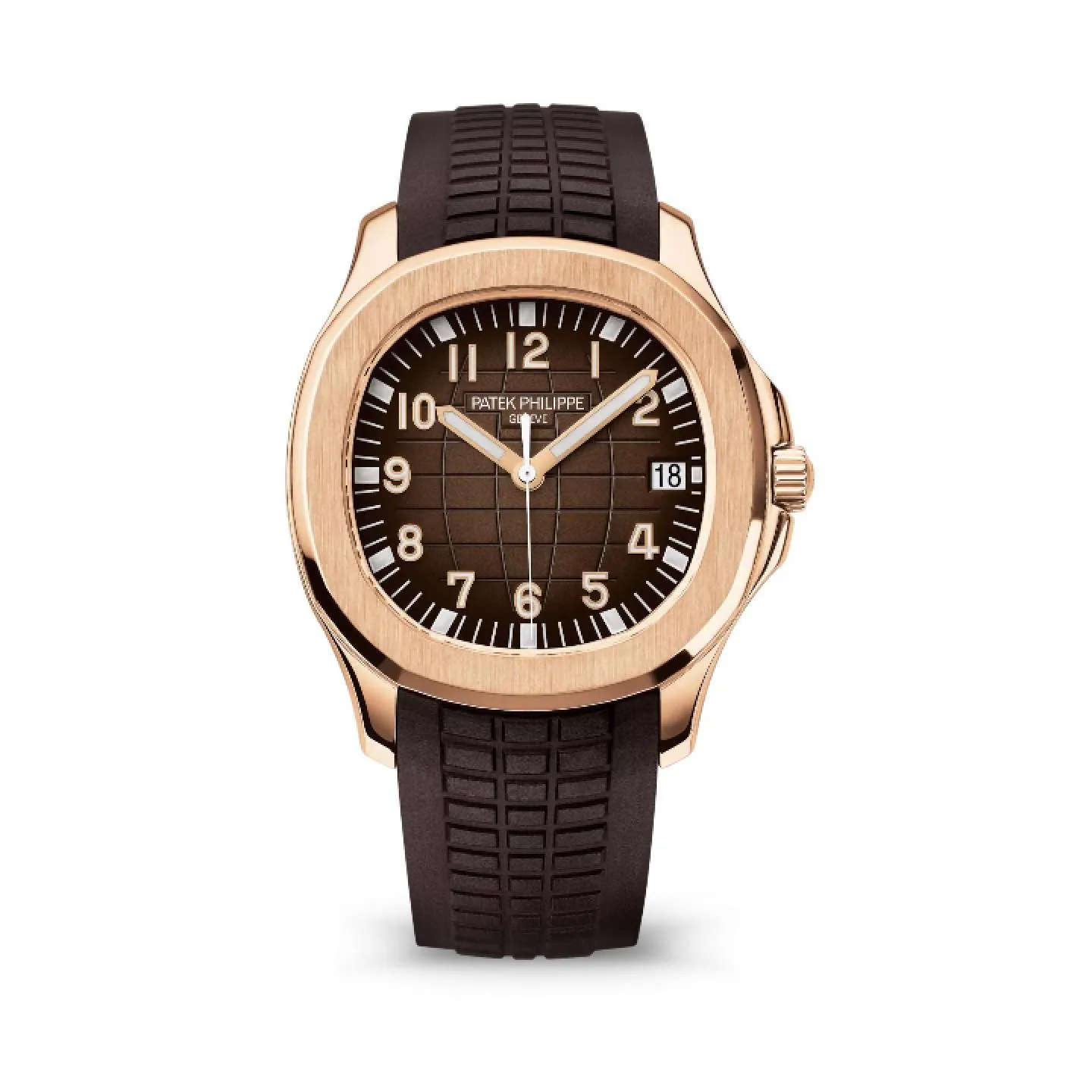 Reloj deportivo Patek Philippe Aquanaut en oro rosa con esfera marrón texturizada, ventana de fecha a las 3 y correa de material compuesto marrón.
