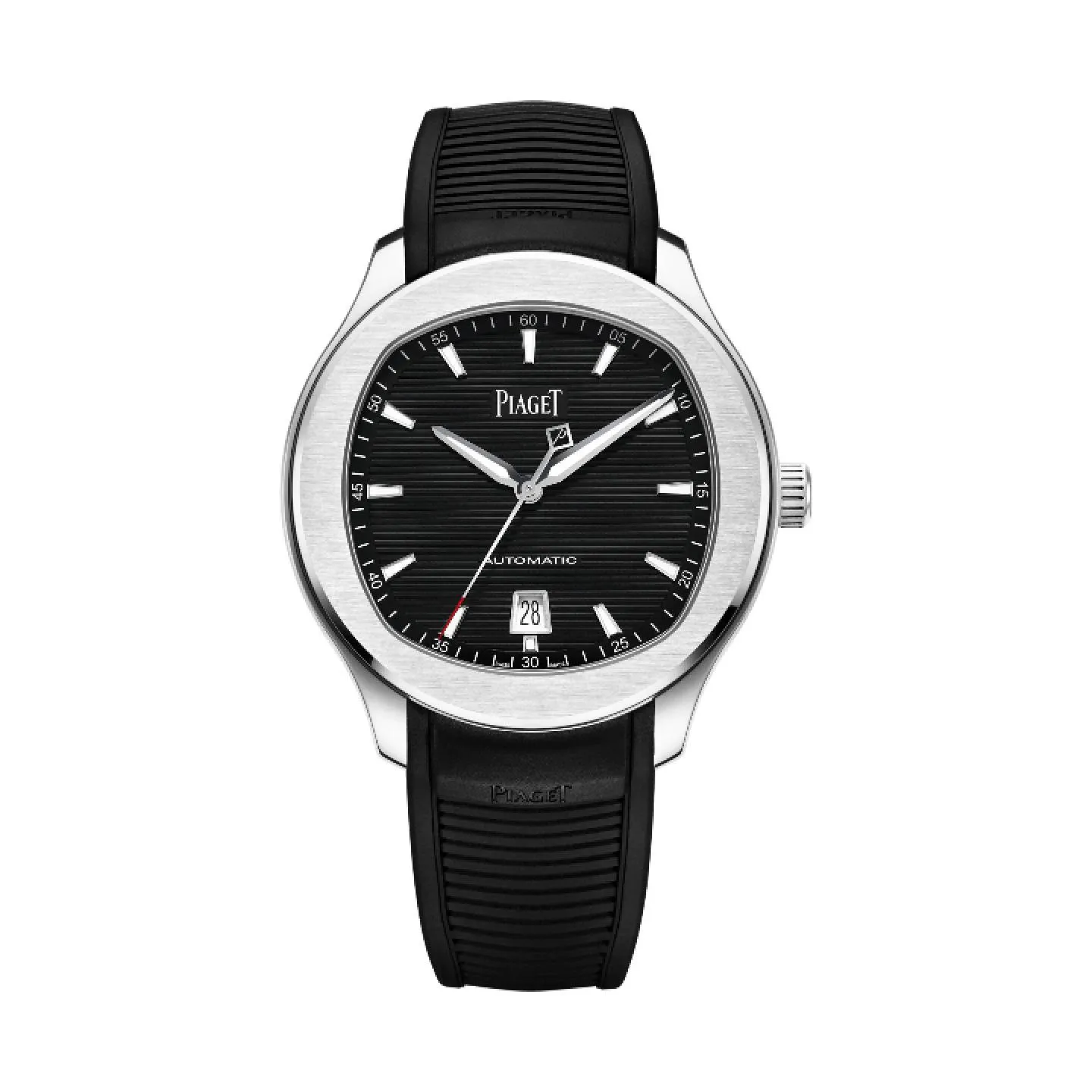 Reloj deportivo de lujo Piaget Polo Date en acero inoxidable con esfera negra con relieve horizontal, aguja de segundos con acento rojo y correa de caucho negra.
