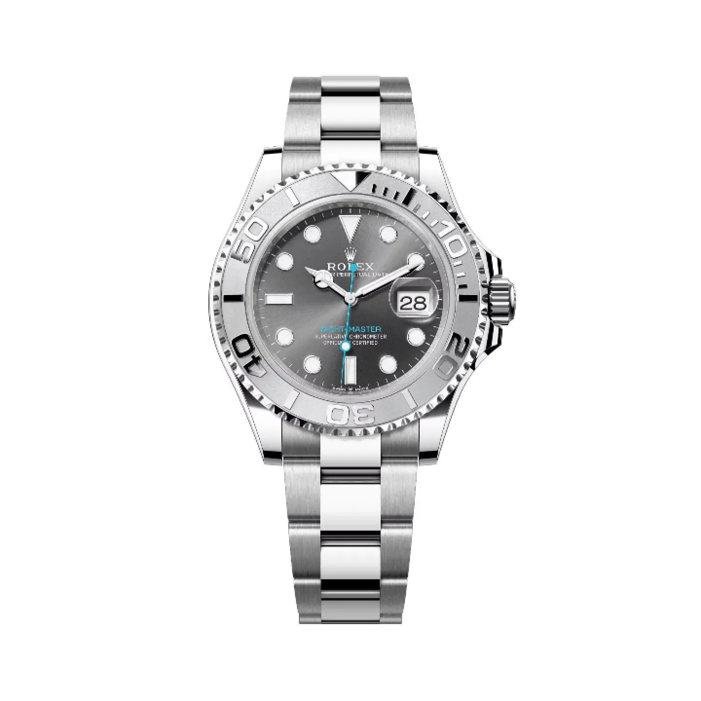 Reloj deportivo Rolex Yacht-Master 40 en acero y platino con esfera gris pizarra, aguja de segundos azul turquesa y brazalete Oyster.