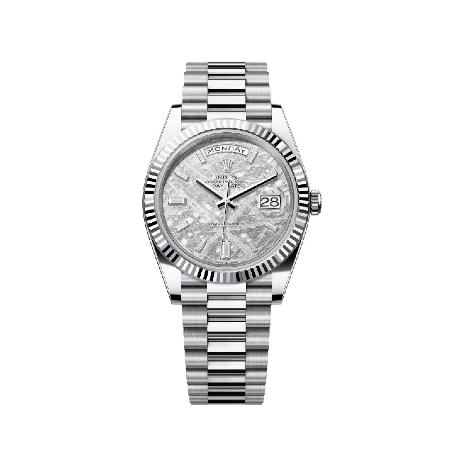 Reloj de lujo Rolex Day-Date en oro blanco con esfera de meteorito, índices de diamantes corte baguette y brazalete President.