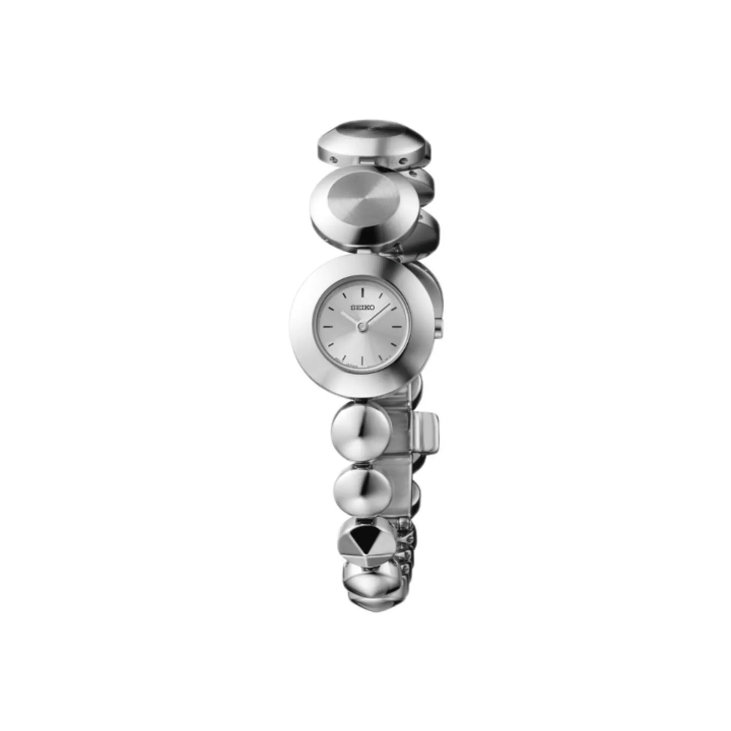 Reloj de pulsera Seiko para mujer con diseño de brazalete escultural compuesto por esferas de acero inoxidable pulido y esfera plateada minimalista.